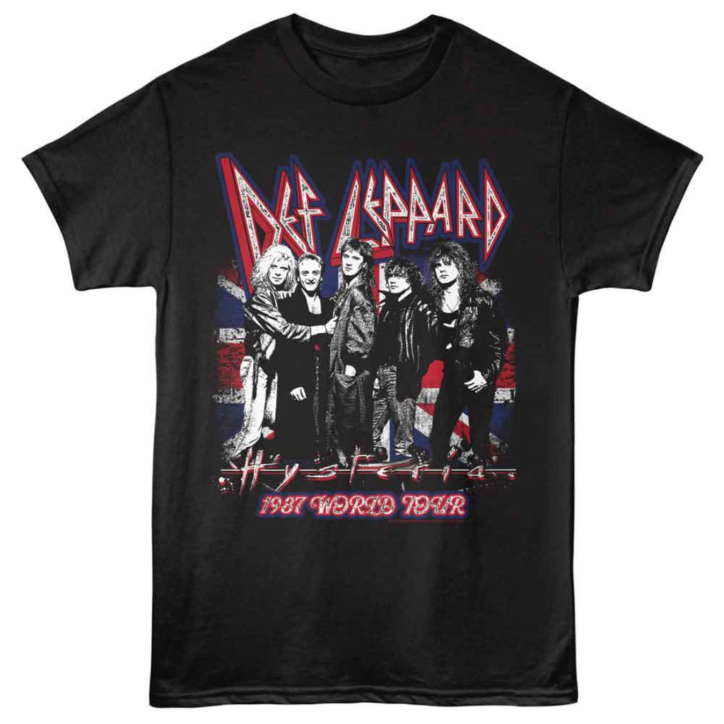 Black t-shirt with Def Leppard band graphic and 'Hysteria 1987 World Tour' text.