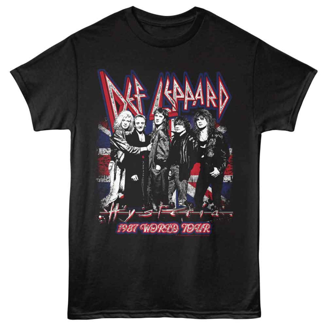 Black t-shirt with Def Leppard band graphic and 'Hysteria 1987 World Tour' text.