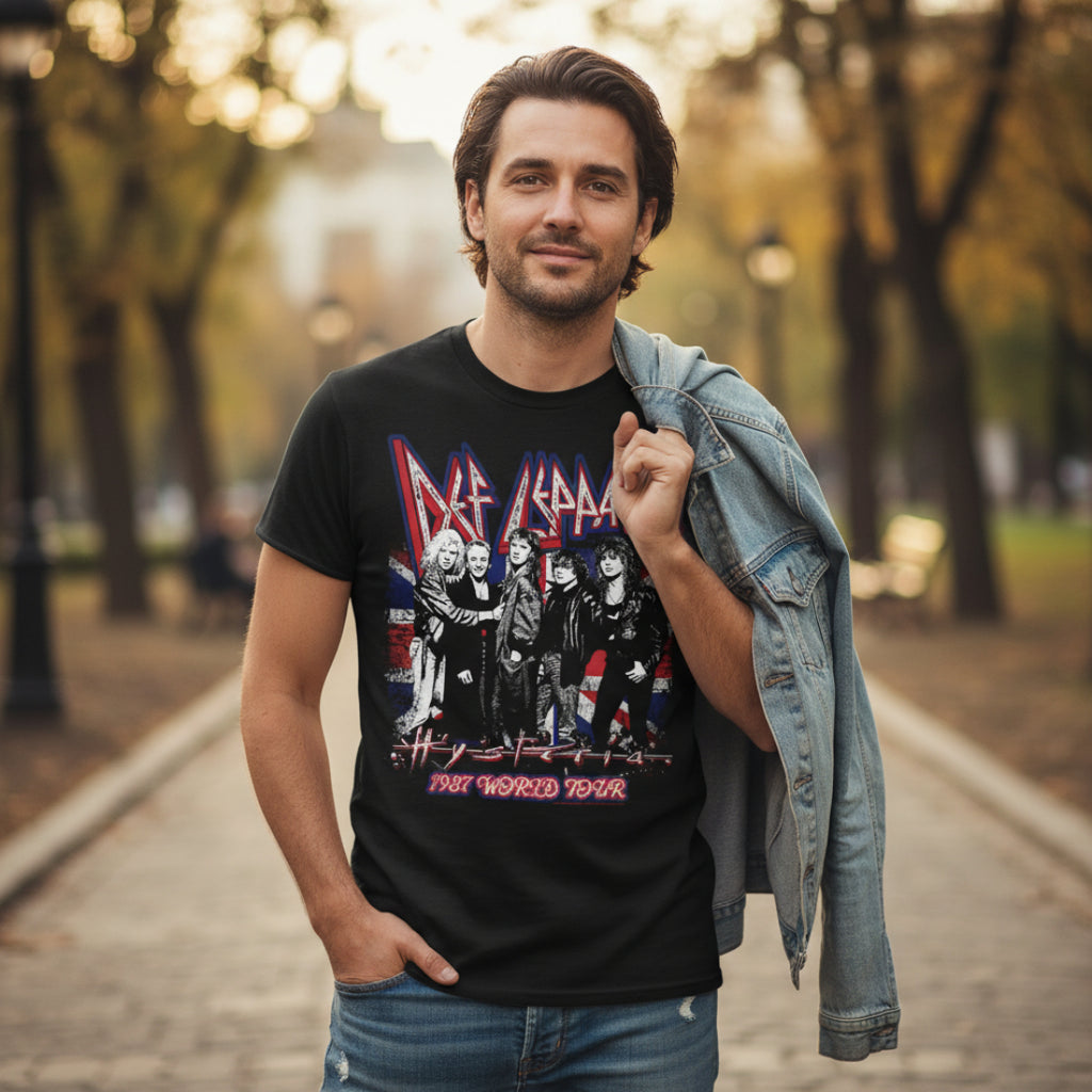 MAN WEARING Black t-shirt with Def Leppard band graphic and 'Hysteria 1984 World Tour' text. DEF5173S, DEF5173M, DEF5173L, DEF5173XL, DEF5173XXL, DEF5173XXXL, DEF5173XXXXL, DEF5173XXXXXL