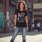 WOMAN WEARING Black t-shirt with Def Leppard band graphic and 'Hysteria 1984 World Tour' text. DEF5173S, DEF5173M, DEF5173L, DEF5173XL, DEF5173XXL, DEF5173XXXL, DEF5173XXXXL, DEF5173XXXXXL