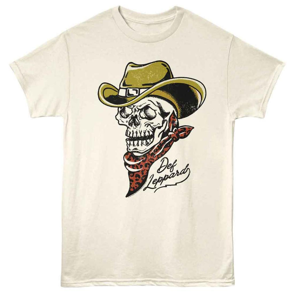 T-shirt with a skull wearing a cowboy hat and bandana, featuring the band Def Leppard logo.