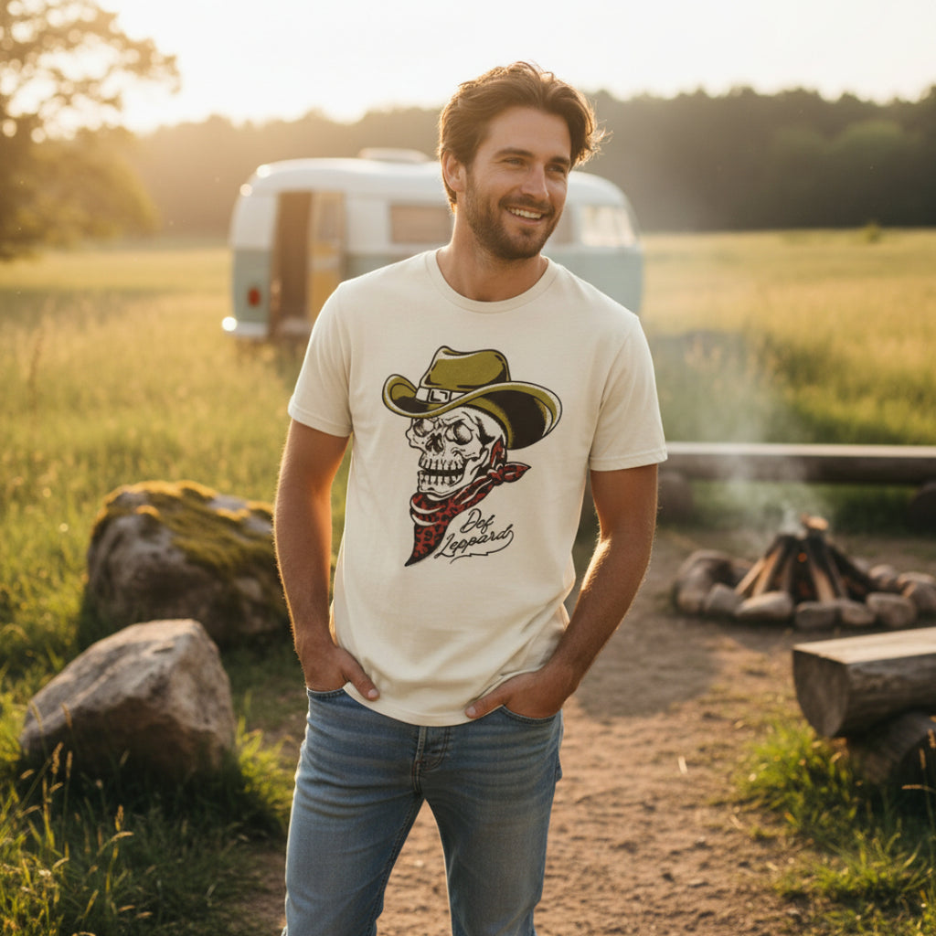 MAN WEARING T-shirt with a skull wearing a cowboy hat and bandana, featuring the band Def Leppard logo. DEF5176S, DEF5176M, DEF5176L, DEF5176XL, DEF5176XXL, DEF5176XXXL, DEF5176XXXXL