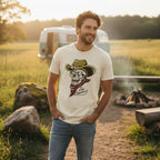 MAN WEARING T-shirt with a skull wearing a cowboy hat and bandana, featuring the band Def Leppard logo. DEF5176S, DEF5176M, DEF5176L, DEF5176XL, DEF5176XXL, DEF5176XXXL, DEF5176XXXXL