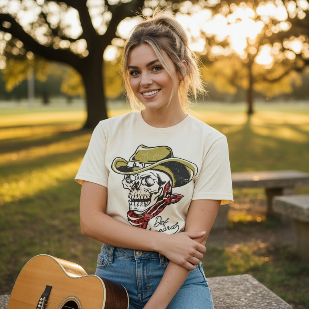 WOMAN WEARING T-shirt with a skull wearing a cowboy hat and bandana, featuring the band Def Leppard logo. DEF5176S, DEF5176M, DEF5176L, DEF5176XL, DEF5176XXL, DEF5176XXXL, DEF5176XXXXL
