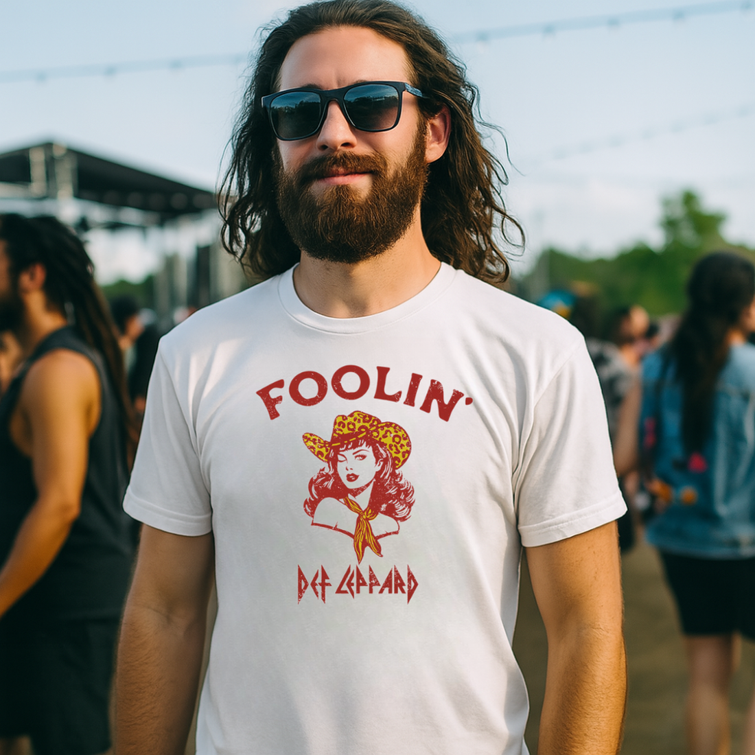 DEF LEPPARD MALE MODEL WEARING FOOLIN COWGIRL TEE DEF5178S, DEF5178M, DEF5178L, DEF5178XL, DEF5178XXL, DEF5178XXXL, DEF5178XXXXL, DEF5178XXXXXL