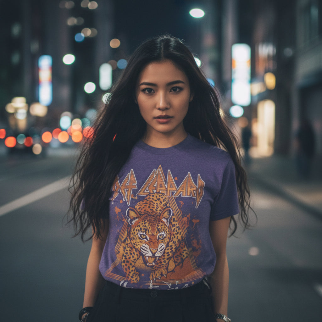 WOMAN WEARING Purple t-shirt with Def Leppard graphic and leopard design  DEF5179S, DEF5179M, DEF5179L, DEF5179XL, DEF5179XXL