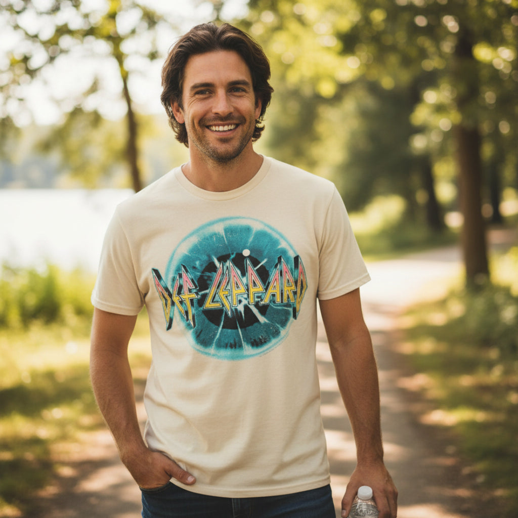 MAN WEARING Beige t-shirt with Def Leppard logo DEF5181S, DEF5181M, DEF5181L, DEF5181XL, DEF5181XXL, DEF5181XXXL, DEF5181XXXXL