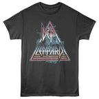 Black Def Leppard t-shirt with a geometric design on a white background