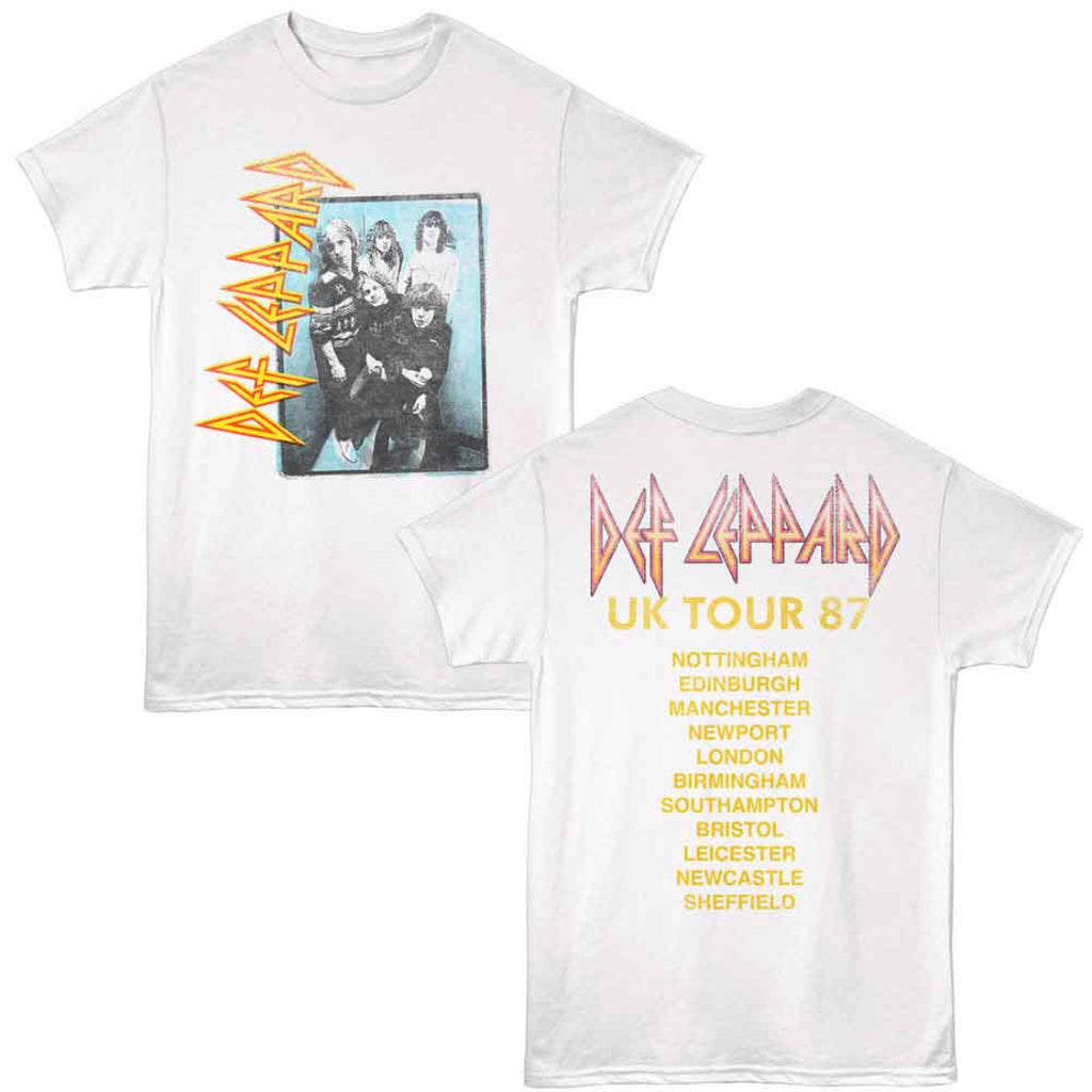 White t-shirt with Def Leppard graphic and UK tour 1987 text on a white background