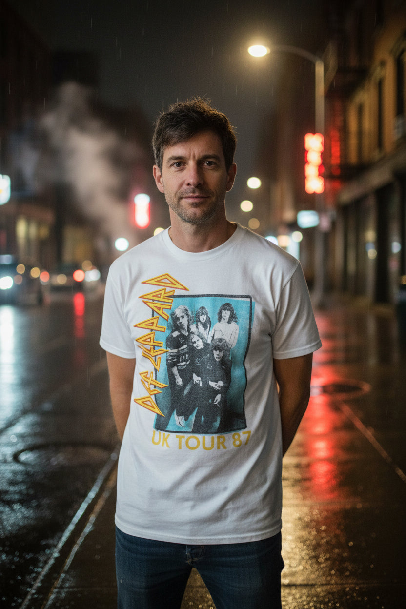 man wearing def leppard uk tour 87 tee DEF5184S, DEF5184M, DEF5184L, DEF5184XL, DEF5184XXL, DEF5184XXXL, DEF5184XXXXL, DEF5184XXXXXL
