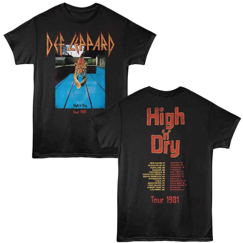 Black t-shirt with Def Leppard 'High & Dry' tour 1981 design on a white background