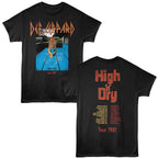 Black t-shirt with Def Leppard 'High & Dry' tour 1981 design on a white background