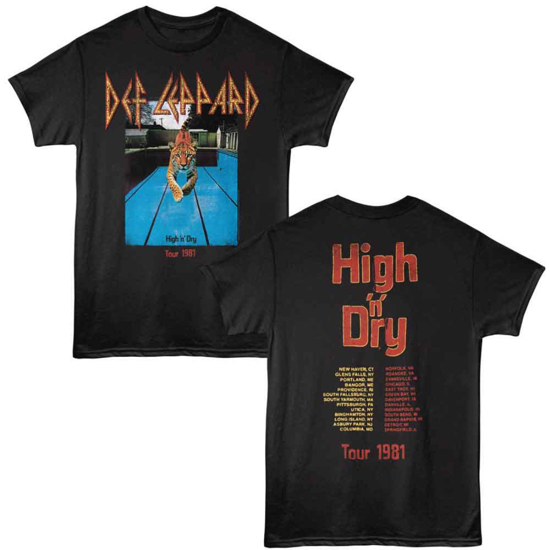 Black t-shirt with Def Leppard 'High & Dry' tour 1981 design on a white background