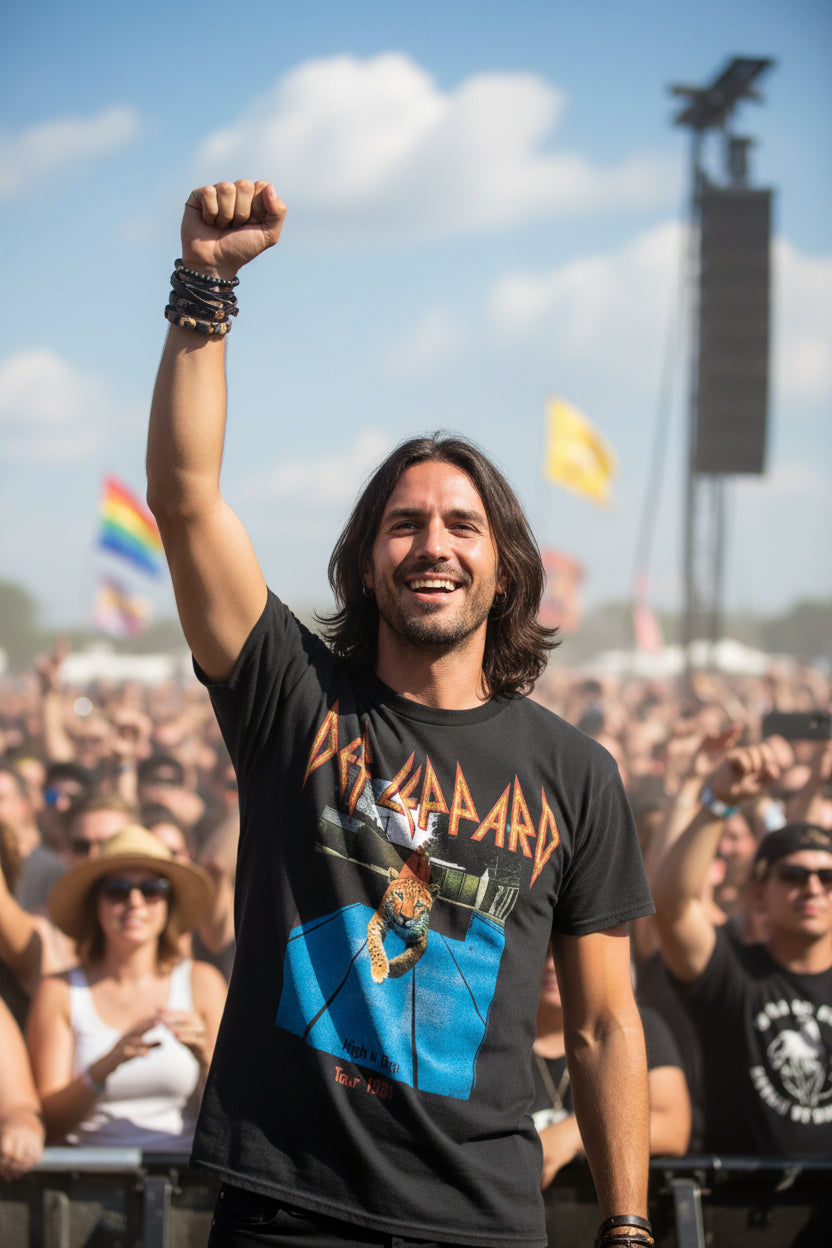 MAN WEARING DEF LEPPARD HIGH AND DRY TOUR TEE DEF5185S, DEF5185M, DEF5185L, DEF5185XL, DEF5185XXL, DEF5185XXXL, DEF5185XXXXL, DEF5185XXXXXL