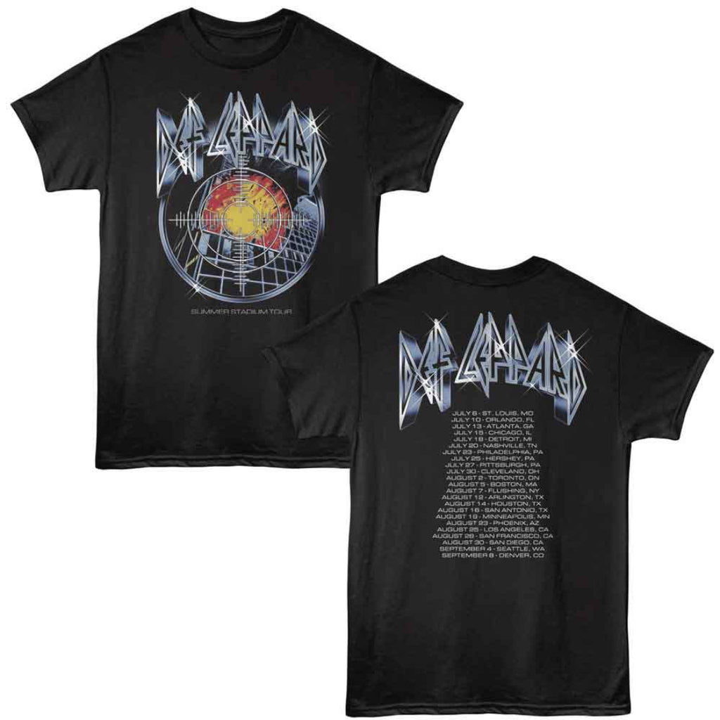 Black def leppard t-shirt with graphic design on front and text on back, displayed on a white background