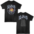 Black def leppard t-shirt with graphic design on front and text on back, displayed on a white background