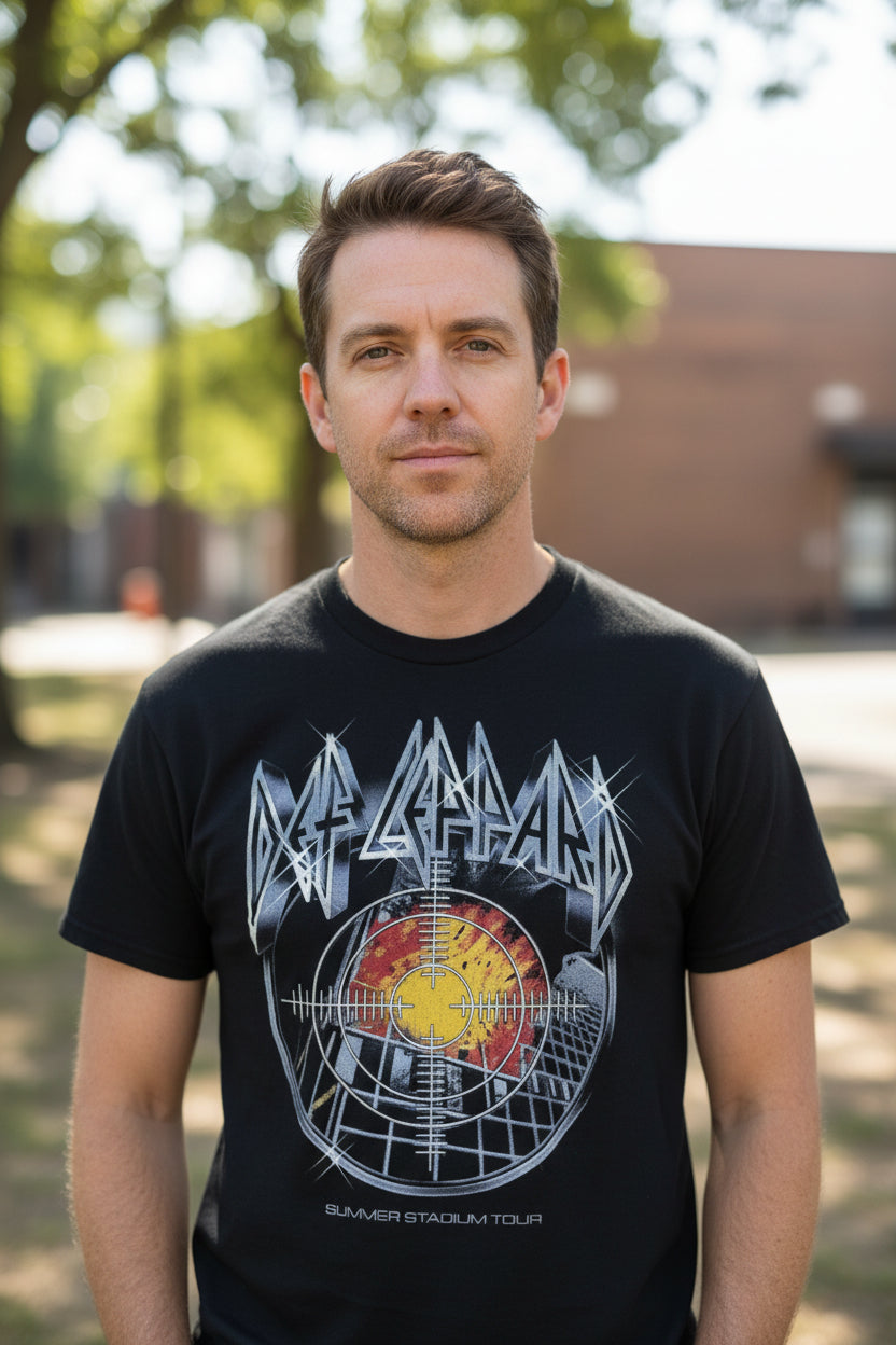 MAN WEARING DEF LEPPARD SUMMER STADIUM TOUR TEE DEF5186S, DEF5186M, DEF5186L, DEF5186XL, DEF5186XXL, DEF5186XXXL, DEF5186XXXXL, DEF5186XXXXXL