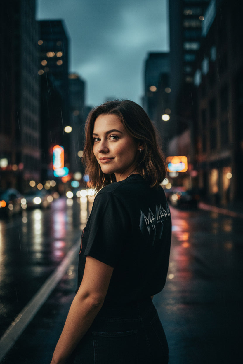 WOMAN WEARING DEF LEPPARD TEE DEF5187S, DEF5187M, DEF5187L, DEF5187XL, DEF5187XXL, DEF5187XXXL, DEF5187XXXXL, DEF5187XXXXXL