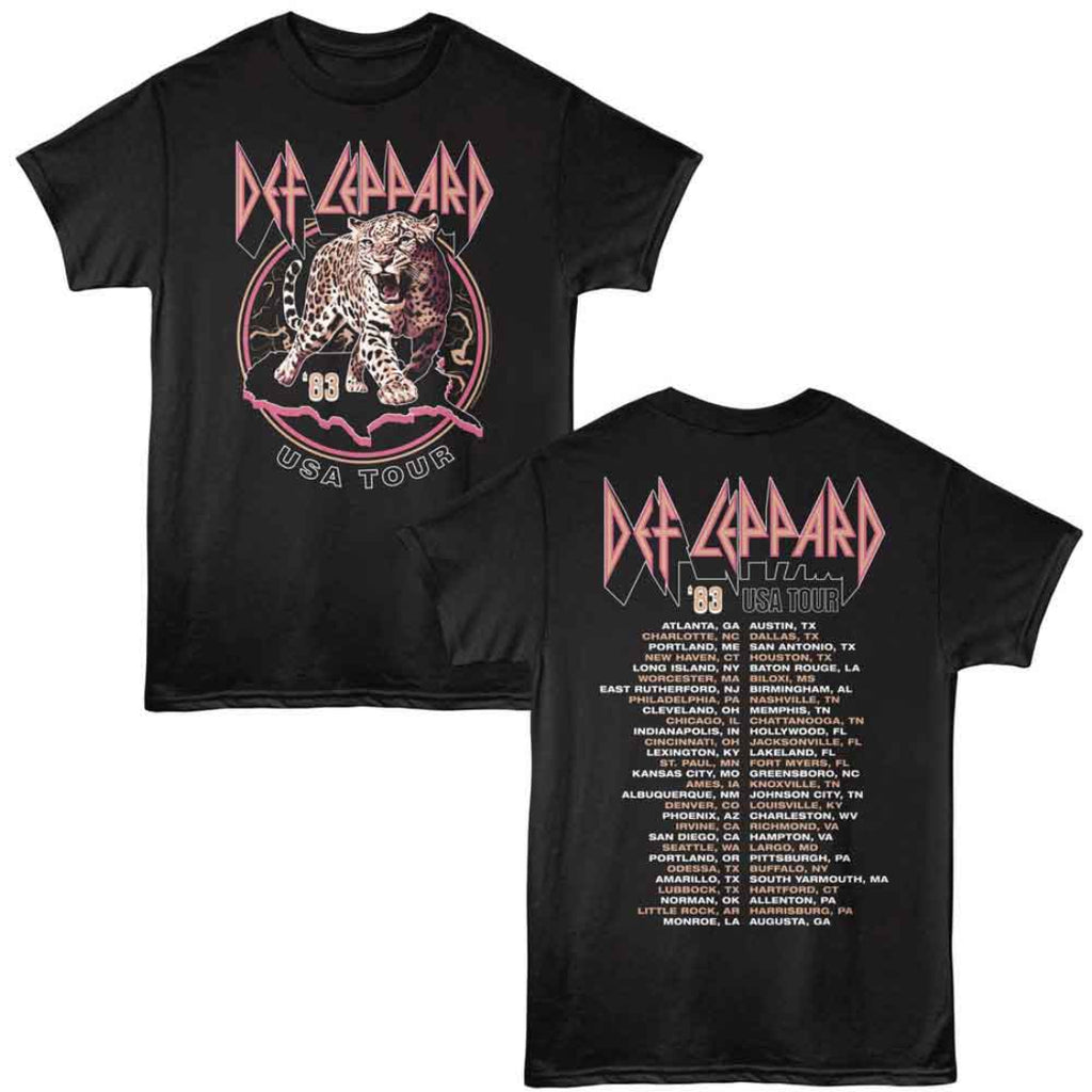 Black t-shirt with Def Leppard '83 USA Tour design on front and back