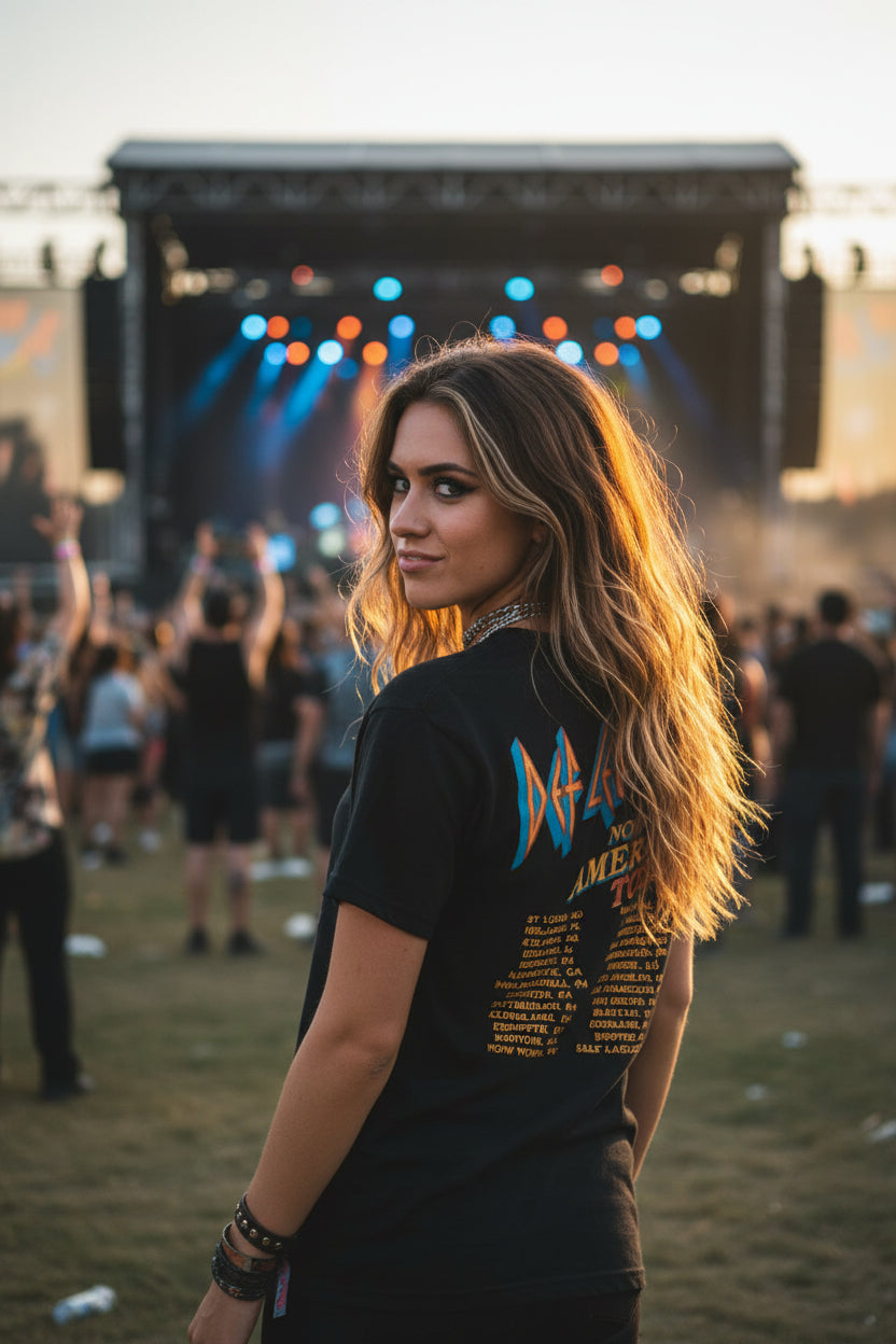 WOMAN WEARING DEF LEPPARD NORTH AMERICAN TOUR TEE DEF5189S, DEF5189M, DEF5189L, DEF5189XL, DEF5189XXL, DEF5189XXXL, DEF5189XXXXL, DEF5189XXXXXL