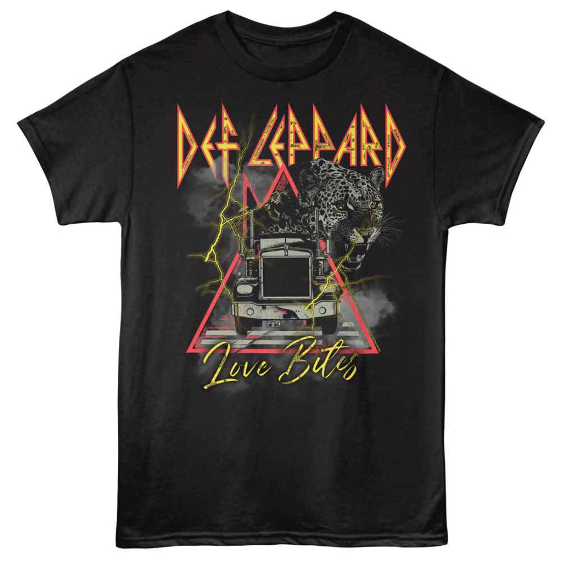 Black t-shirt with Def Leppard graphic design on a white background