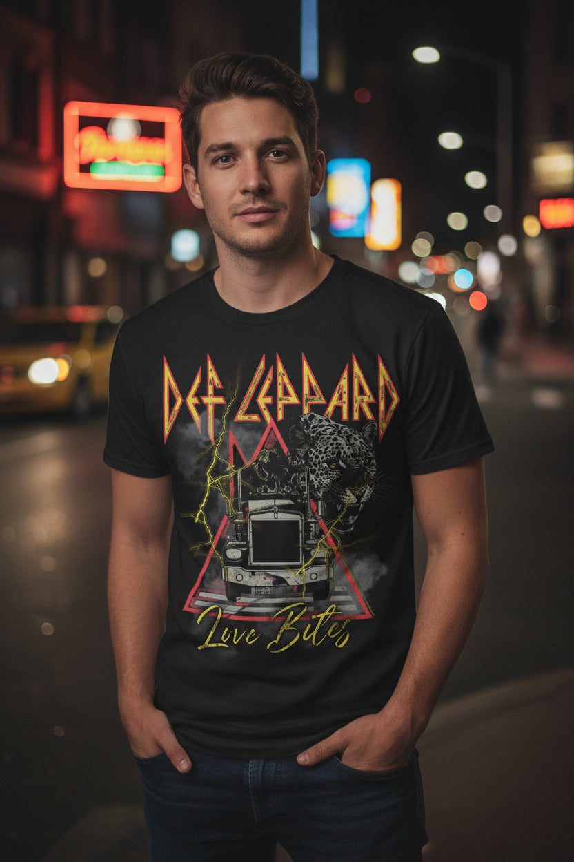 MAN WEARING DEF LEPPARD LOVE BITES TEE DEF5191S, DEF5191M, DEF5191L, DEF5191XL, DEF5191XXL, DEF5191XXXL, DEF5191XXXXL, DEF5191XXXXXL