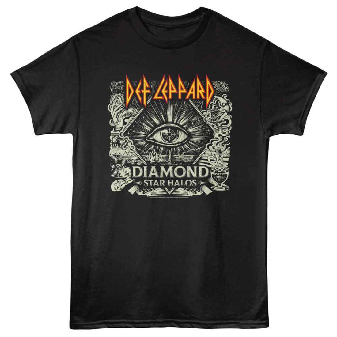 Black t-shirt with Def Leppard logo and eye design on a white background