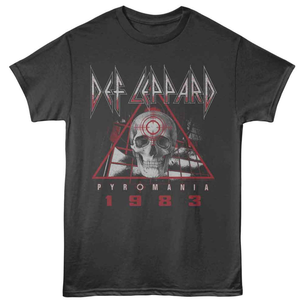 Black t-shirt with Def Leppard 'Pyromania 1983' graphic design on a white background