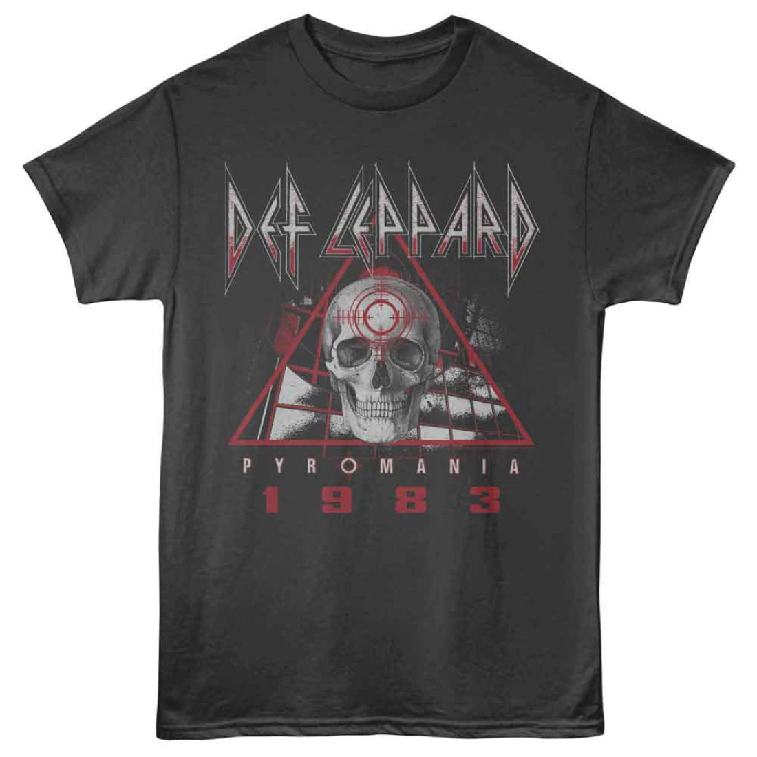Black t-shirt with Def Leppard 'Pyromania 1983' graphic design on a white background