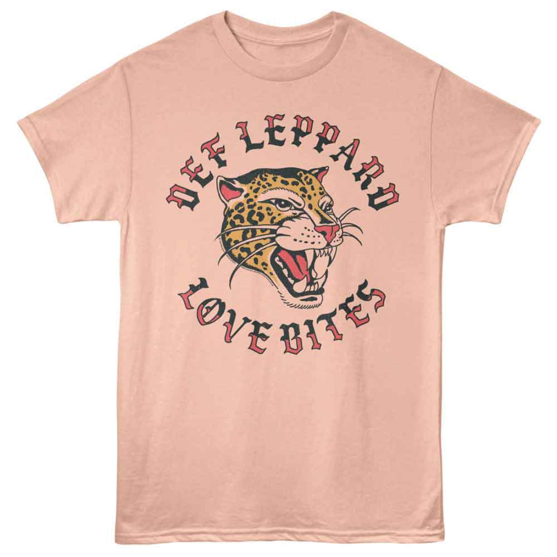 Pink t-shirt with Def Leppard 'Love Bites' graphic featuring a leopard on a white background
