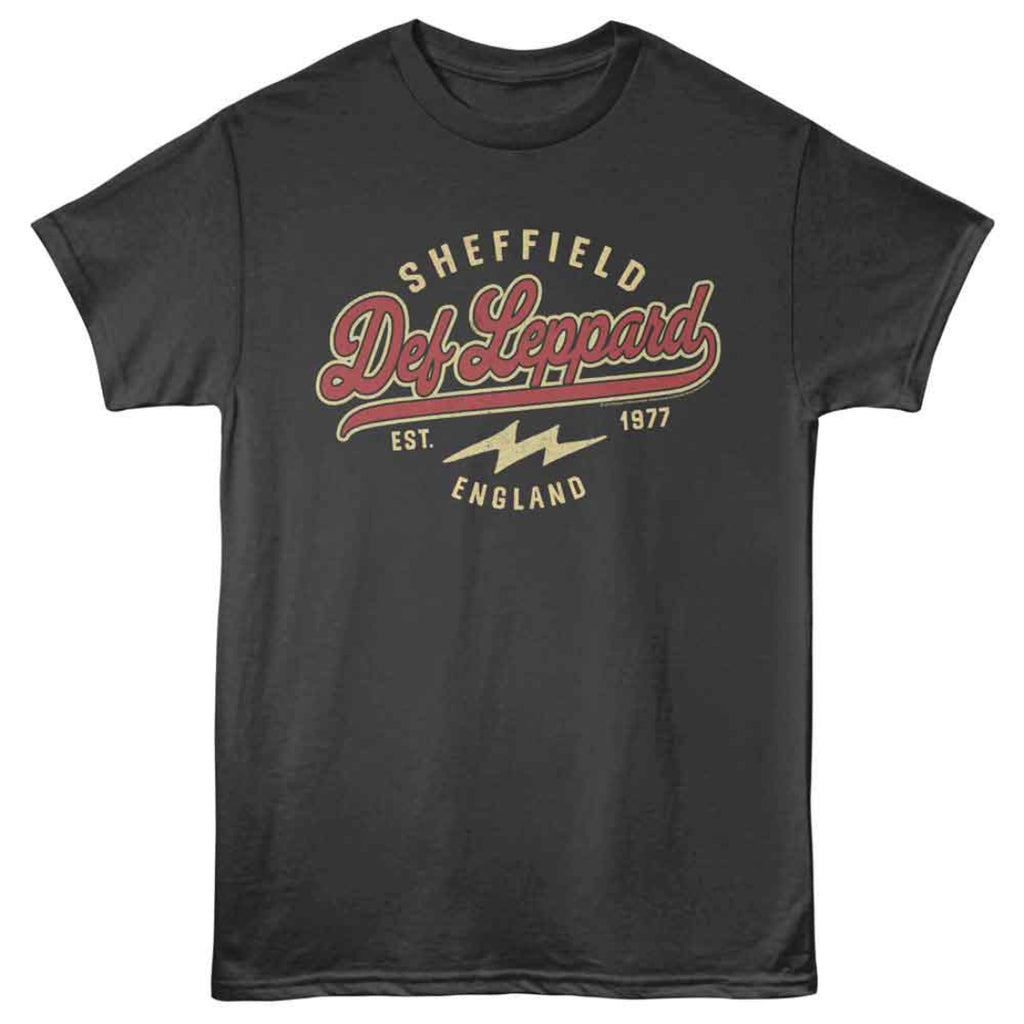 Black t-shirt with Def Leppard logo and text on a white background