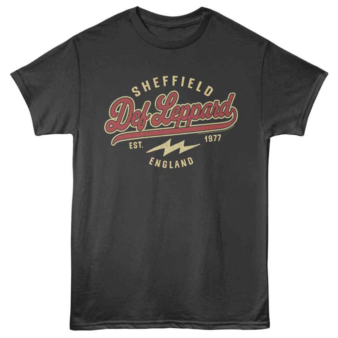 Black t-shirt with Def Leppard logo and text on a white background