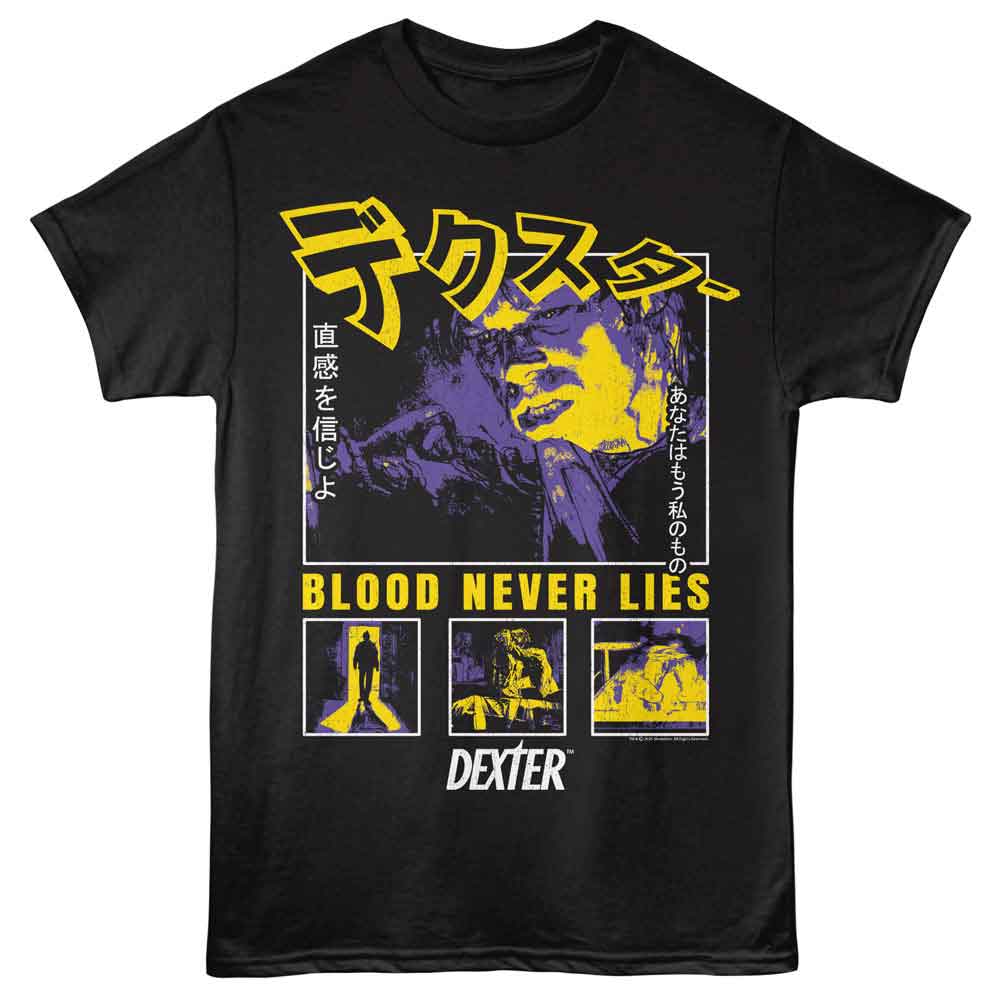 Black t-shirt with 'Dexter' graphic design featuring yellow and purple text and images.