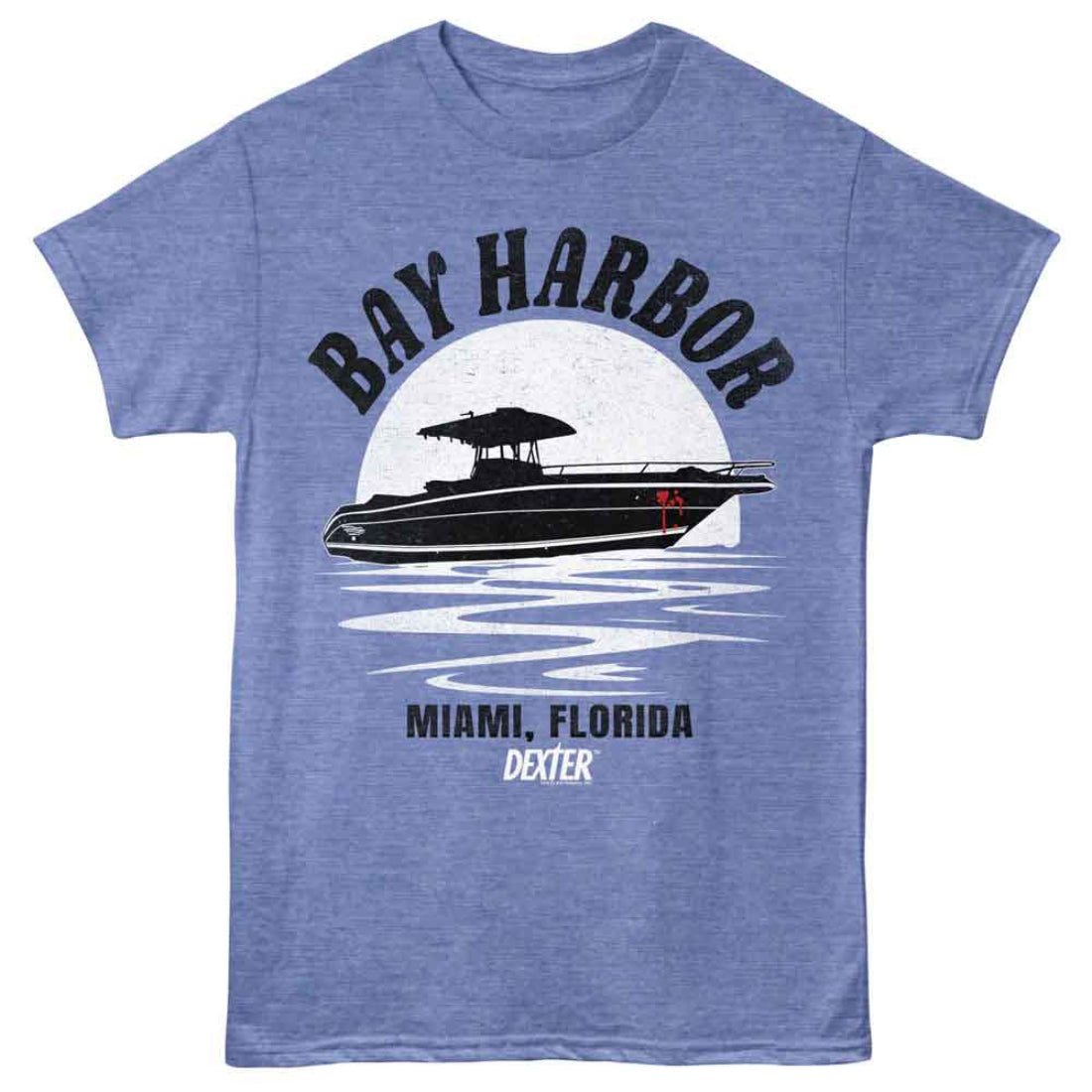 Blue Dexter t-shirt with a boat graphic and text on a white background