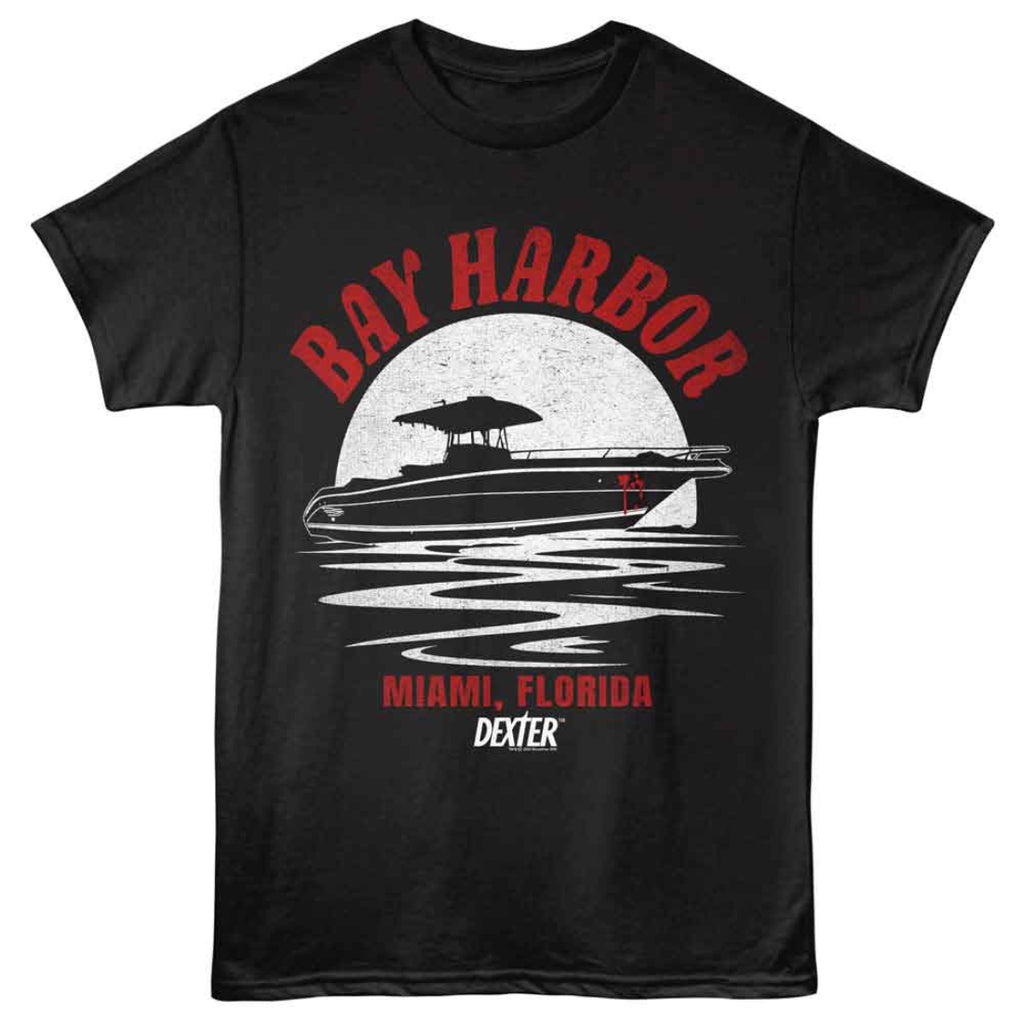 Black t-shirt with 'Bay Harbor Miami, Florida Dexter' graphic design on a white background