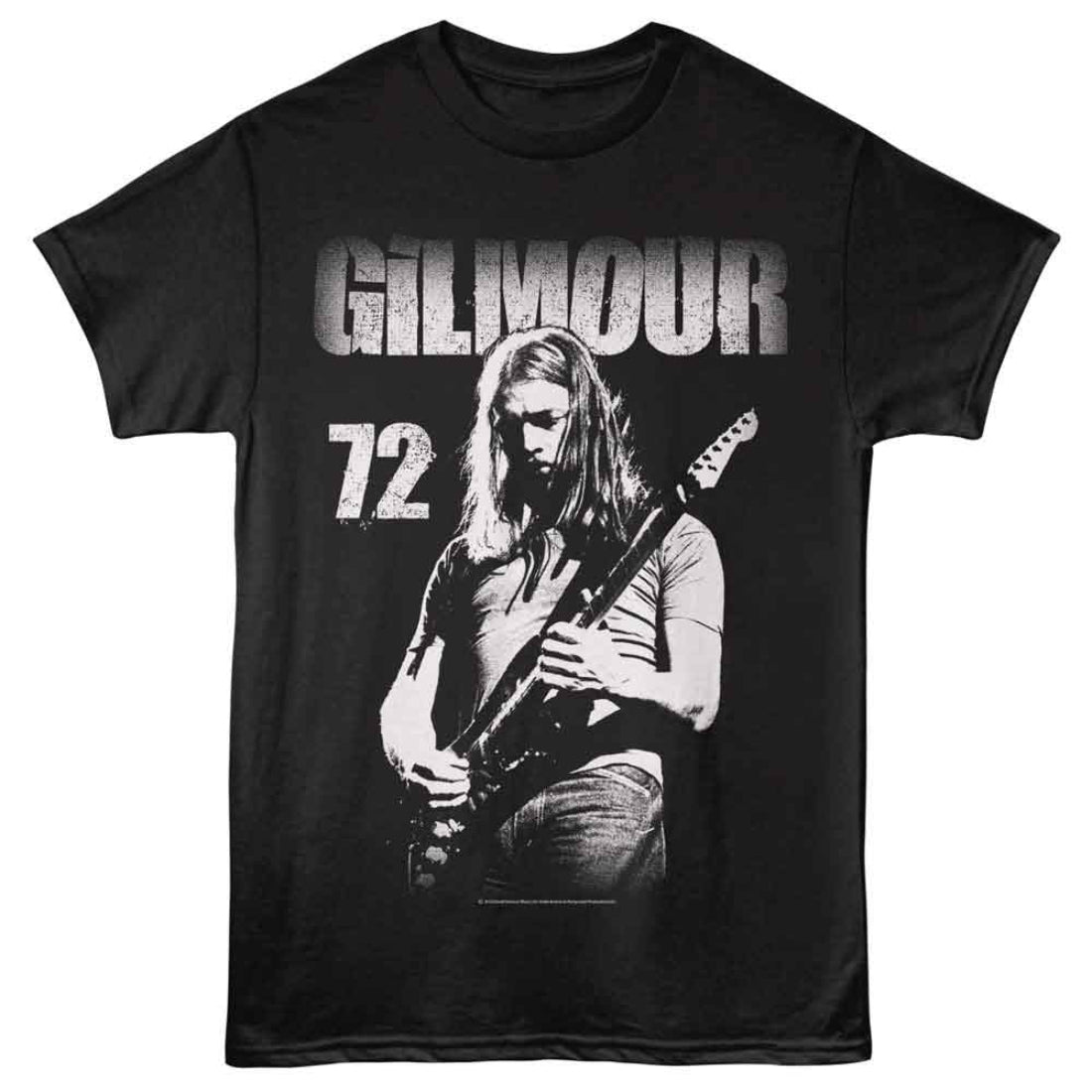 Black t-shirt with a graphic of a person playing guitar and the text 'Gilmour 72' on a white background.