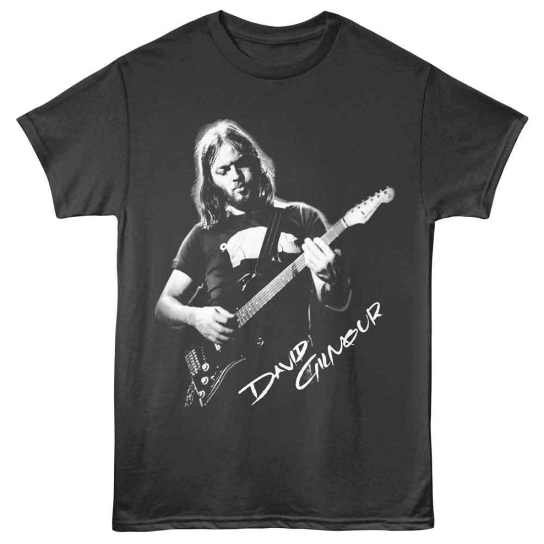 Black t-shirt with a graphic of a person playing guitar and 'David Gilmour' text on a white background