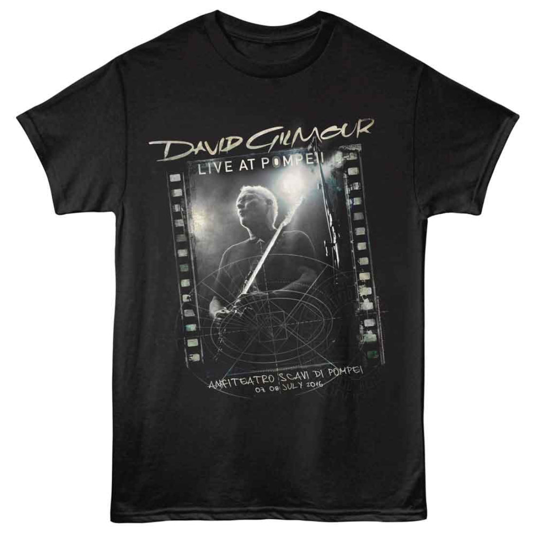 Black t-shirt with graphic design of a person holding a guitar and text 'David Gilmour Live at Pompeii'.