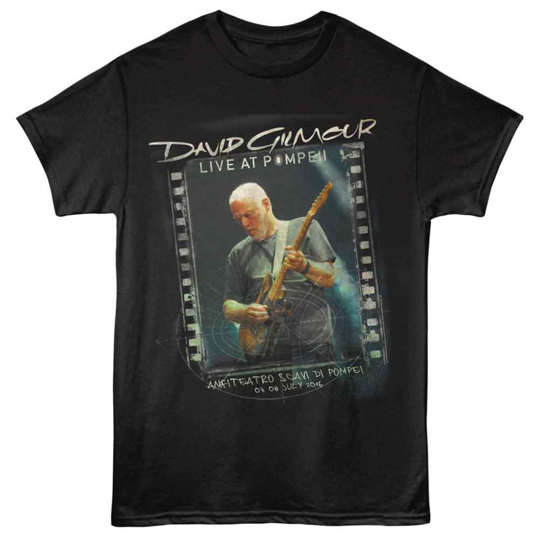 Black t-shirt with a graphic of a man playing guitar and text 'David Gilmour Live at Pompeii' on a white background.