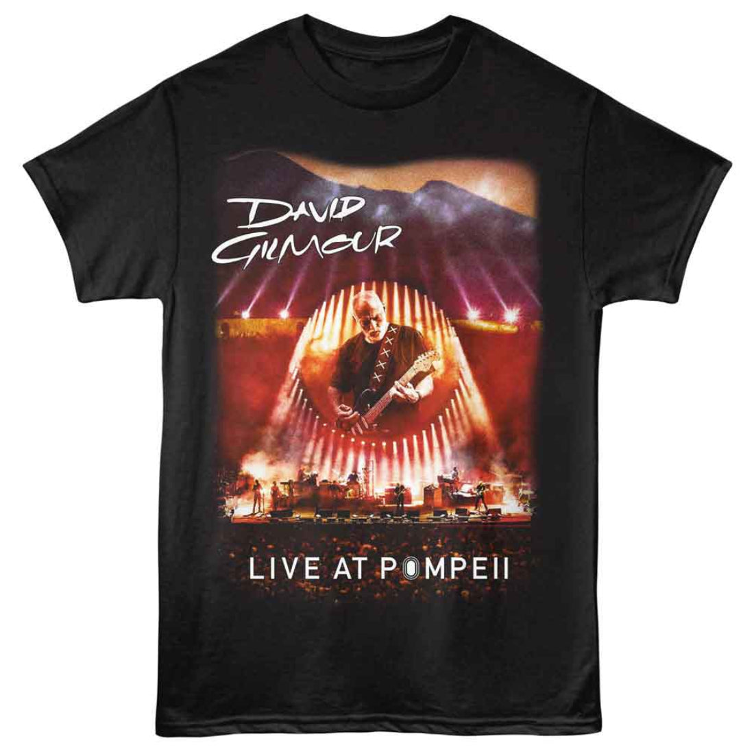 Black t-shirt with David Gilmour 'Live at Pompeii' graphic design on a white background