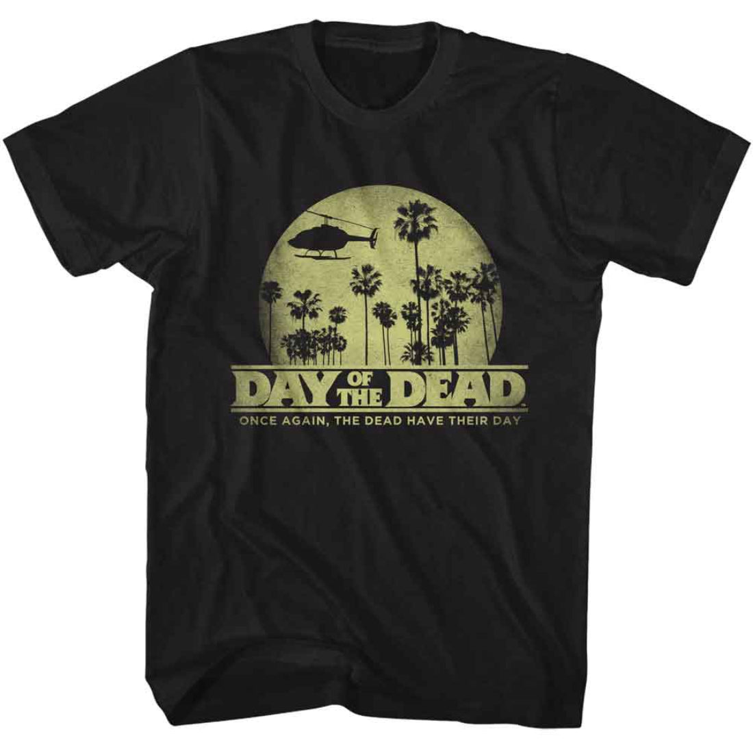Black t-shirt with 'Day of the Dead' graphic design featuring palm trees and a helicopter.