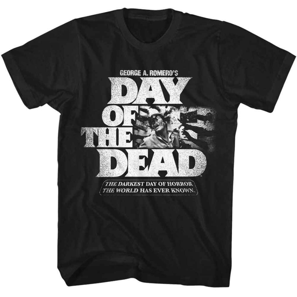 Black t-shirt with 'Day of the Dead' graphic and text on a white background