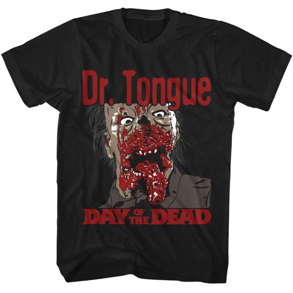 Black t-shirt with 'Dr. Tongue Day of the Dead' graphic design on a white background