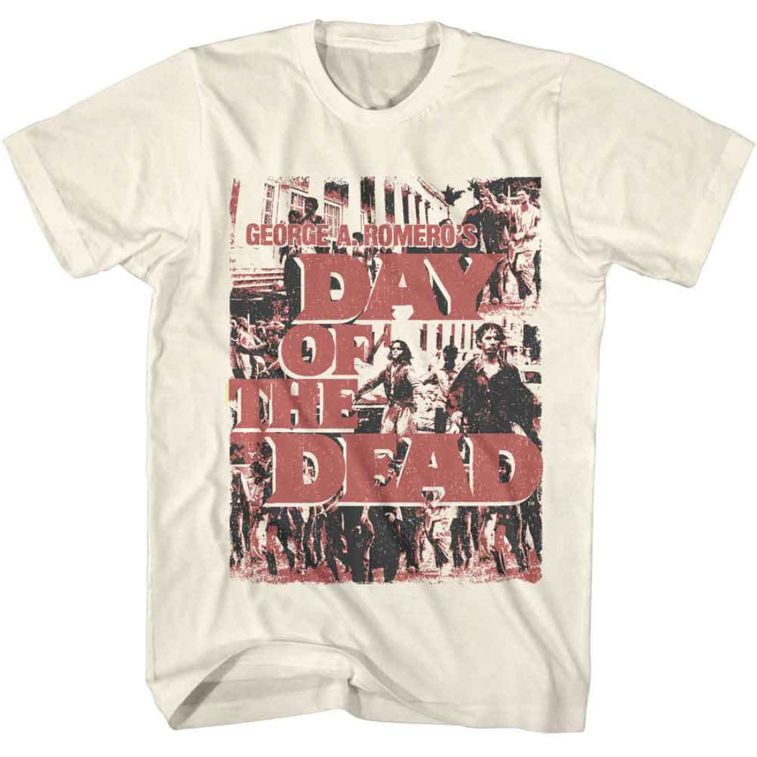 Beige t-shirt with 'Day of the Dead' graphic design on a white background