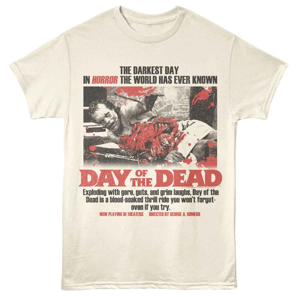 T-shirt with 'Day of the Dead' movie poster design on a beige background