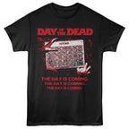 Black t-shirt with 'Day of the Dead' graphic design featuring a calendar and text.