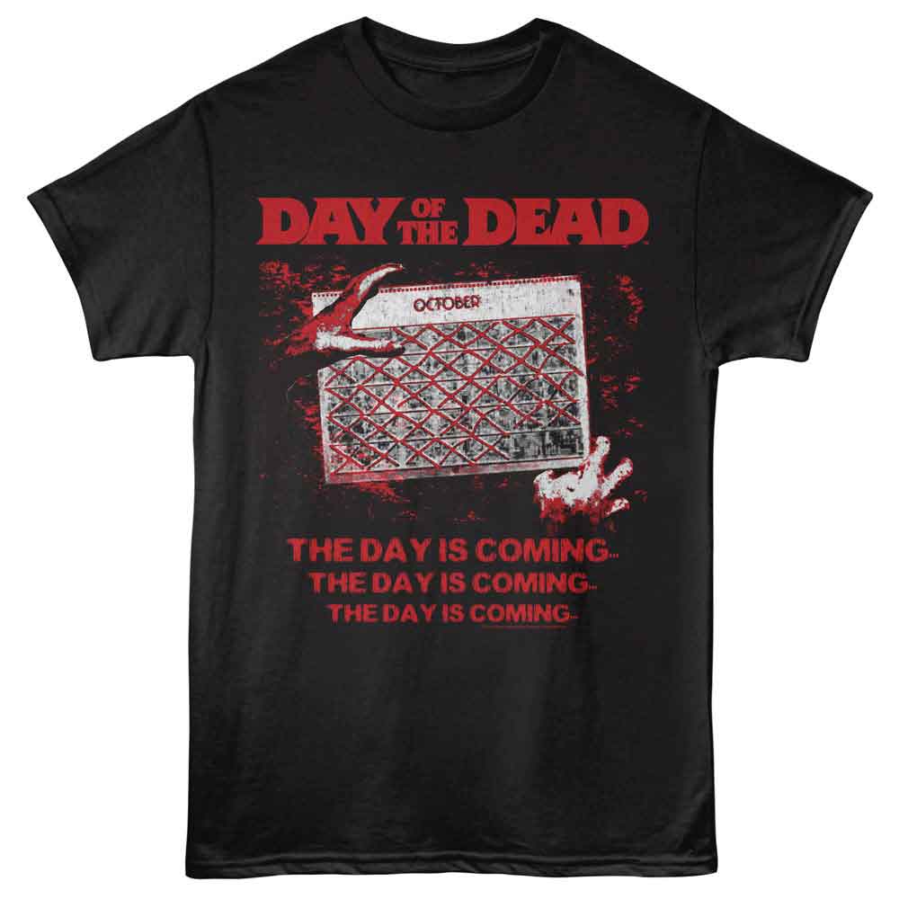 Black t-shirt with 'Day of the Dead' graphic design featuring a calendar and text.