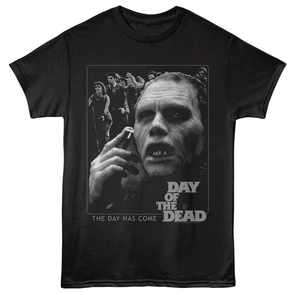 Black t-shirt with a graphic design of a zombie and text 'Day of the Dead' on a white background