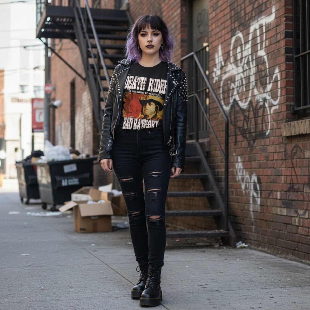 WOMAN WEARING Black t-shirt with 'Death Rider' and 'Bad Bathory' graphic design DRD501S, DRD501M, DRD501L, DRD501XL, DRD501XXL, DRD501XXXL, DRD501XXXXL, DRD501XXXXXL