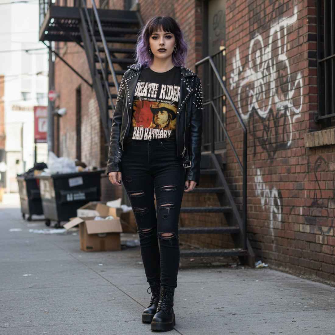 WOMAN WEARING Black t-shirt with 'Death Rider' and 'Bad Bathory' graphic design DRD501S, DRD501M, DRD501L, DRD501XL, DRD501XXL, DRD501XXXL, DRD501XXXXL, DRD501XXXXXL